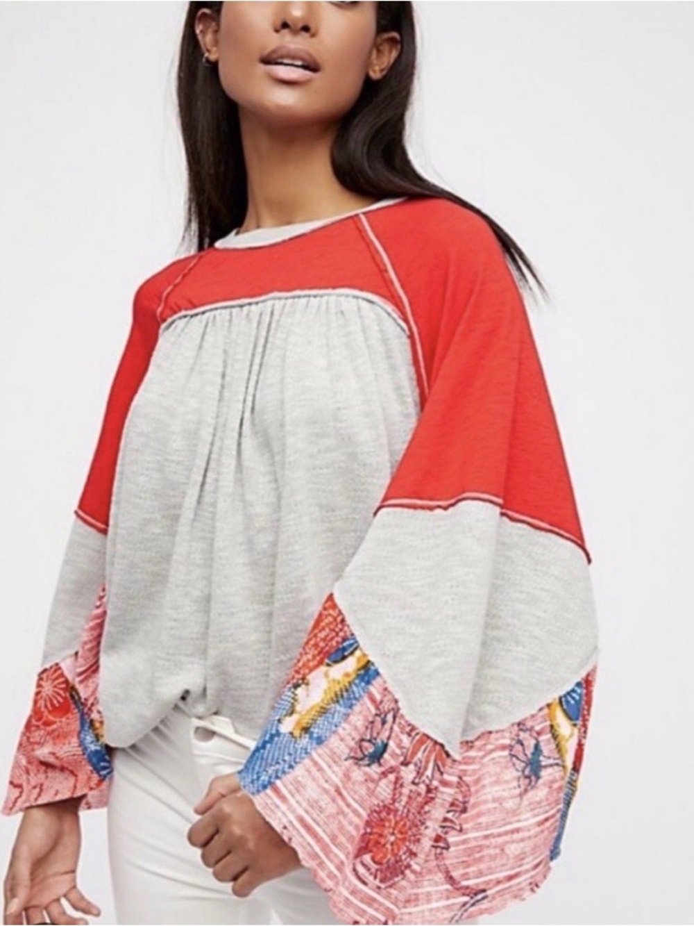 We The Free Red & Heather Gray Colorblock Peasant Top